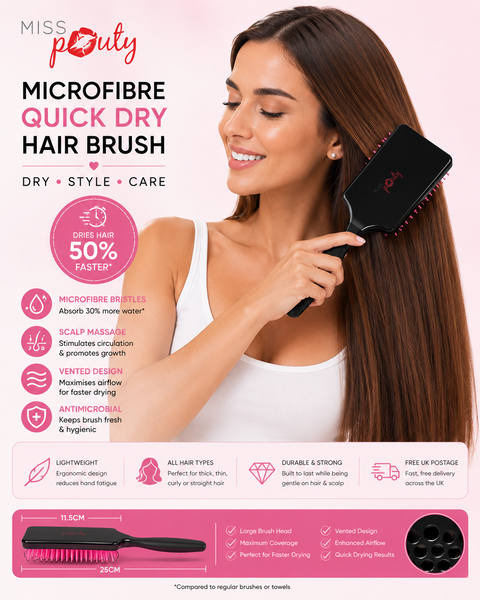 Miss Pouty Large Microfibre Quick Dry Hair Brush – Fast Drying & Scalp Care in One